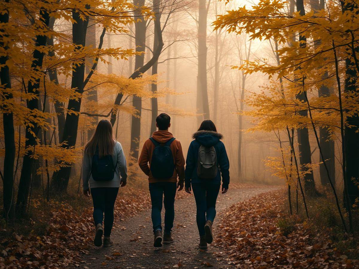 Jeunes en balade dans une forêt aux couleurs d'automne