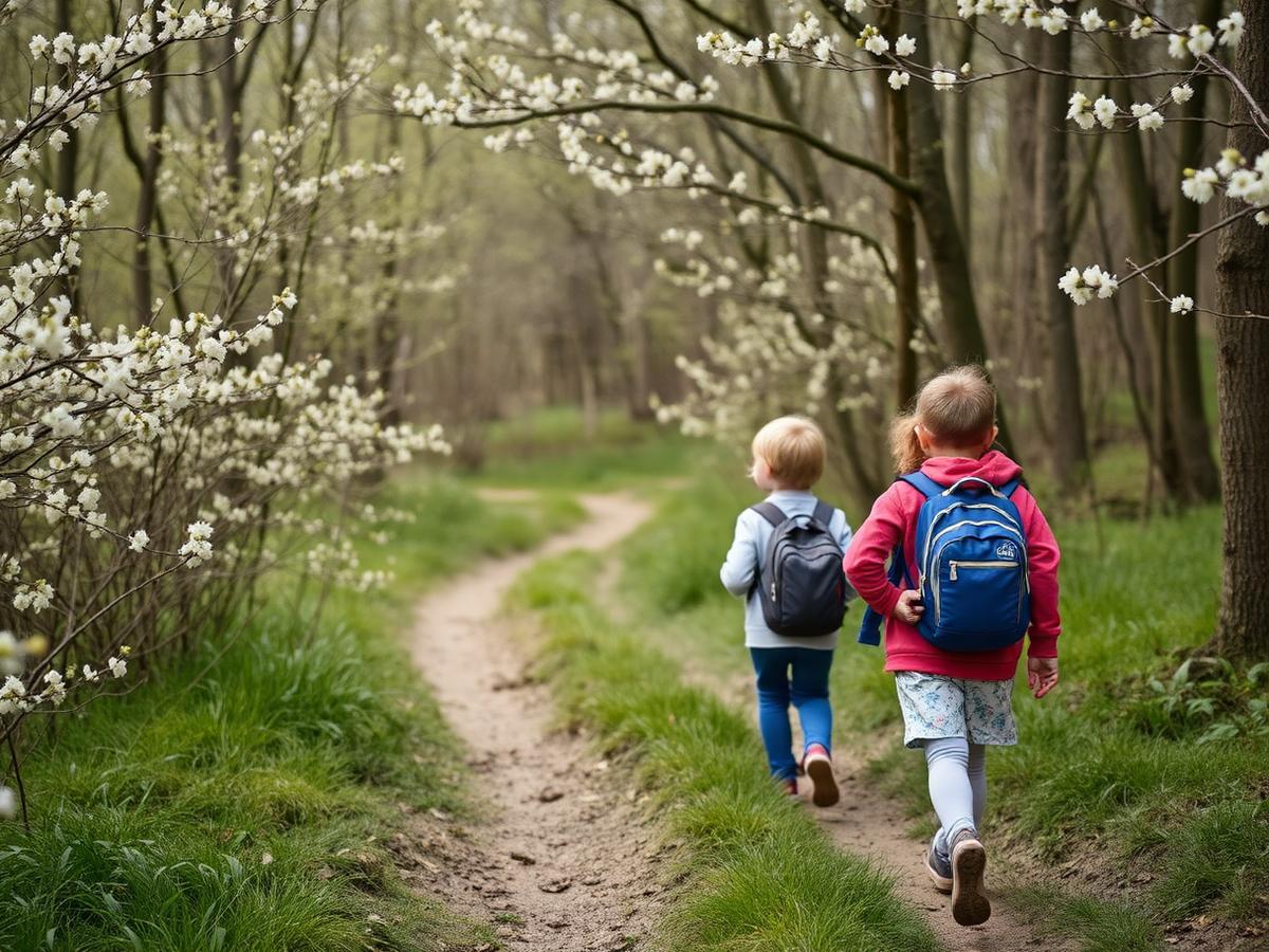 Deux enfants marchant sur un sentier forestier au printemps